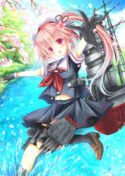 Rule 34 | 10s, 1girl, black gloves, blue hair, cherry blossoms, gloves, gradient hair, hair ornament, hair ribbon, harusame (kancolle), hat, kantai collection, long hair, looking at viewer, machinery, maya (tirolpop), multicolored hair, navel, open mouth, outstretched arms, petals, pink eyes, pink hair, pleated skirt, ribbon, school uniform, serafuku, side ponytail, skirt, solo, spread arms