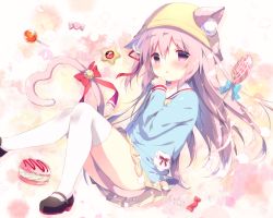 Rule 34 | 1girl, animal ears, artist name, azur lane, bell, between legs, black footwear, blue bow, blue shirt, blush, bow, candy, candy wrapper, cat ears, cat girl, cat tail, commentary request, cookie, ears through headwear, food, hair ribbon, hat, heart, heart tail, jingle bell, kindergarten uniform, kisaragi (azur lane), lollipop, long hair, long sleeves, looking at viewer, mary janes, one side up, parted lips, pink hair, pleated skirt, purple eyes, red bow, red ribbon, ribbon, school hat, shiratama (shiratamaco), shirt, shoes, skirt, solo, star (symbol), swirl lollipop, tail, tail bell, tail between legs, tail bow, tail ornament, thighhighs, very long hair, white thighhighs, wrapped candy, yellow hat, yellow skirt