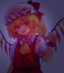Rule 34 | 1girl, absurdres, ascot, blonde hair, bow, clenched hand, commentary request, crystal, fang, flandre scarlet, flat chest, frilled shirt collar, frills, garan co, hair between eyes, hand up, hat, hat bow, head tilt, highres, mob cap, one side up, open mouth, puffy short sleeves, puffy sleeves, red bow, red eyes, red skirt, red vest, short hair, short sleeves, simple background, skirt, skirt set, smile, solo, touhou, upper body, vest, white background, white hat, wide-eyed, wings, wrist cuffs, yellow ascot