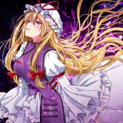 Rule 34 | 1girl, black background, blonde hair, blush, bow, breasts, closed mouth, dress, gradient background, hair between eyes, hair bow, hat, hat bow, long hair, long sleeves, looking at viewer, medium breasts, mob cap, okawa friend, pink background, puffy sleeves, purple background, purple eyes, purple tabard, purple vest, red bow, smile, solo, tabard, teeth, touhou, vest, white dress, white hat, wide sleeves, yakumo yukari