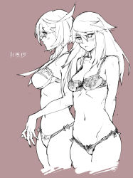 Rule 34 | 2girls, blush, bow, bow bra, bow panties, bra, breasts, collarbone, dated, elphelt valentine, guilty gear, guilty gear xrd, kenshin187, lace, lace-trimmed bra, lace trim, large breasts, long hair, monochrome, multiple girls, navel, panties, ramlethal valentine, short hair, siblings, simple background, sisters, size difference, small breasts, underwear, underwear only