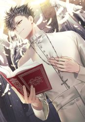 Rule 34 | 1boy, bible (object), black hair, book, buttons, cassock, closed mouth, collar, cross, cross necklace, feathers, haikyuu!!, hand on own chest, hemoon, holding, holding book, holding jewelry, holding necklace, indoors, jewelry, kuroo tetsurou, light, long sleeves, looking to the side, male focus, necklace, open book, pendant, priest, sash, short hair, smile, solo, spiked hair, standing, statue, turtleneck, white sash, wings, yellow eyes
