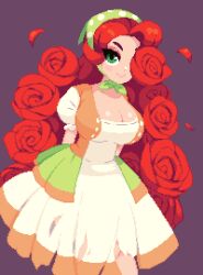 Rule 34 | 1girl, arms behind back, blush, bonnet, breasts, briar (inknetti), cleavage, dress, flower, green eyes, large breasts, looking at viewer, makeup, mascara, minimilieu, original, petals, pixel art, red flower, red hair, red rose, rose, simple background, smile, solo, torn clothes, torn dress, upper body, white dress