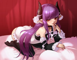 Rule 34 | 1girl, all fours, bad id, bad pixiv id, bed, black thighhighs, demon girl, detached sleeves, finger to mouth, fingernails, gallico, gyakushuu 3, horns, kneeling, long fingernails, long hair, mumu, naughty face, pillow, pointy ears, purple hair, red eyes, solo, thighhighs