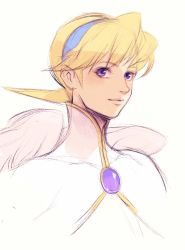 Rule 34 | 1girl, angel wings, artist request, blonde hair, breath of fire, breath of fire iv, brooch, closed mouth, hairband, highres, jewelry, looking at viewer, nina (breath of fire iv), purple eyes, short hair, simple background, solo, very short hair, wings