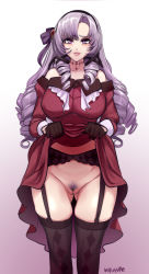 Rule 34 | 1girl, black gloves, black hairband, breasts, clothes lift, dress, dress lift, drill hair, female pubic hair, garter straps, gloves, hairband, highres, hyakumantenbara salome, hyakumantenbara salome (1st costume), large breasts, lifting own clothes, light purple hair, long hair, nijisanji, no panties, nofuture, off-shoulder dress, off shoulder, parted bangs, pubic hair, red dress, red sleeves, solo, standing, thighhighs, virtual youtuber