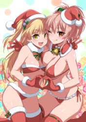 Rule 34 | 2girls, ;q, bare shoulders, bell, bikini, blonde hair, bow, breasts, christmas, cleavage, fang, fur-trimmed gloves, fur-trimmed legwear, fur collar, fur trim, gloves, hair bobbles, hair ornament, hat, heart, heart hands, idolmaster, idolmaster cinderella girls, inue shinsuke, jingle bell, jougasaki mika, jougasaki rika, large breasts, lips, multiple girls, one eye closed, orange eyes, pink hair, ponytail, red bikini, red gloves, santa bikini, santa costume, santa hat, siblings, sisters, small breasts, swimsuit, thighhighs, tongue, tongue out, two side up, w, yellow eyes