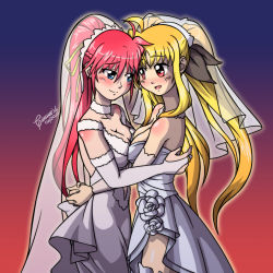 Rule 34 | 2girls, blonde hair, blue background, blue eyes, blush, breasts, bridal veil, bride, cleavage, collarbone, closed eyes, fate testarossa, flower, hair ornament, hair ribbon, hug, jewelry, large breasts, looking at another, lyrical nanoha, mahou shoujo lyrical nanoha strikers, multiple girls, open mouth, pink hair, ponytail, red background, red eyes, ribbon, ring, signum, simple background, smile, twintails, two-tone background, veil, wedding, wife and wife, yuri