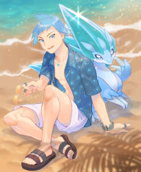 Rule 34 | 1boy, alolan form, alolan sandslash, arm support, blue eyes, blue hair, bracelet, commentary request, creatures (company), game freak, gen 7 pokemon, highres, holding, holding removed eyewear, jewelry, kikuyoshi (tracco), looking at viewer, necklace, nintendo, official alternate costume, open clothes, open mouth, open shirt, pokemon, pokemon (creature), pokemon masters ex, ring, sand, sandals, shirt, shore, short sleeves, shorts, smile, sparkle, steven stone, steven stone (summer 2020), sunglasses, teeth, toes, tongue, unworn eyewear, water, white shorts