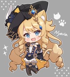 Rule 34 | 1girl, :3, :d, animal ear fluff, animal ears, bare shoulders, black headwear, black thighhighs, blonde hair, blue eyes, blush, cat ears, cat tail, chibi, chibi only, commentary, detached sleeves, dress, full body, genshin impact, gloves, highres, kemonomimi mode, long hair, long sleeves, looking at viewer, mameno mame, multiple tails, navia (genshin impact), open mouth, single glove, smile, solo, standing, strapless, strapless dress, tail, thighhighs, two tails, very long hair