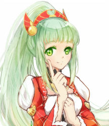 Rule 34 | 10s, 1girl, bad id, bad pixiv id, green eyes, green hair, index finger raised, lailah (tales), long hair, lyra-kotto, matching hair/eyes, ponytail, smile, solo, tales of (series), tales of zestiria, white background