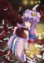 Rule 34 | 2girls, :d, absurdres, b.d, belt, blush, book, bookshelf, bow, bug, butterfly, candle, capelet, carrying, crescent, demon tail, demon wings, fang, female focus, fire, frills, hair bow, hat, head wings, highres, holding, holding book, bug, koakuma, library, long hair, long skirt, long sleeves, multiple girls, open book, open mouth, patchouli knowledge, purple eyes, purple hair, reading, red eyes, red hair, skirt, smile, tail, too many, too many books, touhou, very long hair, voile, wide sleeves, wings
