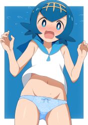 1girl blue_background blue_eyes blue_hair blue_panties blue_sailor_collar blush bow bow_panties bright_pupils collarbone commentary cowboy_shot creatures_(company) curakuru flower_panties flying_sweatdrops game_freak hands_up highres lana_(pokemon) looking_at_viewer medium_hair navel nintendo no_pants nose_blush panties pokemon pokemon_sm print_panties protected_link sailor_collar sailor_shirt shirt sleeveless sleeveless_shirt solo underwear white_pupils white_shirt