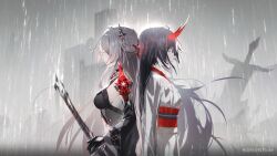 Rule 34 | 2girls, absurdres, acheron (honkai: star rail), back-to-back, black gloves, black hair, breasts, chinese commentary, closed mouth, commentary request, crop top, from side, gloves, grey hair, hair ornament, highres, holding, holding sword, holding weapon, honkai: star rail, honkai (series), horns, japanese clothes, kimono, light trail, long hair, long sleeves, medium breasts, miyoushe watermark, multiple girls, obi, official alternate color, rain, red horns, red sash, sash, sword, upper body, weapon, white kimono, zirancike