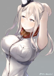 Rule 34 | 1girl, 3:, armpits, arms behind head, arms up, bad id, bad pixiv id, bandana, bare arms, blush, body blush, breast pocket, breasts, character request, closed mouth, commentary request, graf zeppelin (kancolle), grey background, hair between eyes, juurouta, kantai collection, large breasts, long hair, parted bangs, pocket, red bandana, red neckwear, saratoga (kancolle), simple background, solo, twitter username, upper body