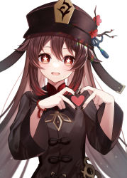 Rule 34 | 1girl, :d, black hat, black nails, bracelet, flower, flower-shaped pupils, genshin impact, hat, hat flower, heart, heart hands, highres, hu tao (genshin impact), jewelry, looking at viewer, nail polish, open mouth, ougi (u to4410), porkpie hat, red eyes, red flower, simple background, smile, solo, symbol-shaped pupils, upper body, white background