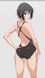 Rule 34 | 1girl, amagami, ass, back, bad id, bad pixiv id, black eyes, black hair, competition swimsuit, from behind, hand on own hip, hand on own thigh, looking at viewer, looking back, nanasaki ai, one-piece swimsuit, shino (comic penguin club), short hair, smile, solo, swimsuit