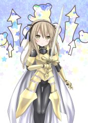 Rule 34 | 10s, 1girl, alternate costume, animal print, armor, armored dress, bear print, black bodysuit, black ribbon, bodysuit, brown eyes, cape, commentary request, crystal sword, emblem, gauntlets, girls und panzer, hair ribbon, highres, holding, holding weapon, langley1000, light brown hair, long hair, looking at viewer, multicolored background, parted lips, ribbon, selection university (emblem), shimada arisu, side ponytail, skin tight, solo, standing, star (symbol), star print, sword, thigh gap, weapon, white cape