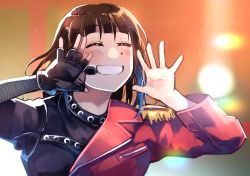 Rule 34 | 1girl, black gloves, blue hair, brown hair, closed eyes, commentary, commentary request, dive! (love live!), english commentary, fingerless gloves, gloves, grin, highres, jacket, kusunoki tomori, love live!, love live! nijigasaki high school idol club, multicolored hair, myonmukyuu, partial commentary, real life, red jacket, short hair, sidelocks, single glove, single sleeve, smile, solo, two-tone hair, upper body, voice actor, voice actor connection, yuki setsuna (love live!)