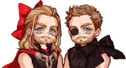 Rule 34 | 2boys, animification, avengers: infinity war, avengers (series), bare shoulders, beard, black bow, black shirt, blonde hair, blue eyes, blush, bow, cape, chibi, closed mouth, commentary request, dishing, dual persona, eyepatch, facial hair, hair bow, korean commentary, looking at viewer, male focus, marvel, marvel cinematic universe, multiple boys, red bow, red cape, shirt, short hair, sidelocks, sleeveless, sleeveless shirt, smile, standing, thor (marvel), v-shaped eyebrows