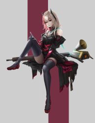Rule 34 | 1girl, absurdres, assault rifle, banana (girls&#039; frontline), black coat, blonde hair, breasts, clothes writing, coat, commentary, dori (9720xyz), eyeball, full body, gas mask, girls&#039; frontline, gloves, gun, hair between eyes, headgear, highres, holding, knee up, long hair, looking at viewer, m4 carbine, m4 sopmod ii, m4 sopmod ii (girls&#039; frontline), m4 sopmod ii (mod3) (girls&#039; frontline), mask, mechanical arms, mod3 (girls&#039; frontline), multicolored hair, off shoulder, open clothes, open coat, parted lips, purple thighhighs, red eyes, red hair, revision, ribbon, rifle, short jumpsuit, sidelocks, single mechanical arm, sitting, sleeveless jumpsuit, smile, solo, streaked hair, thighhighs, weapon
