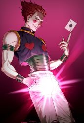 Rule 34 | 1boy, absurdres, anderain, armband, card, facial mark, fingernails, glowing, glowing crotch, glowing penis, hair slicked back, highres, hisoka morow, holding, holding card, hunter x hunter, long fingernails, male focus, penis, playing card, red hair, solo, vest, wristband