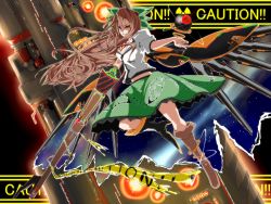 Rule 34 | 1girl, alternate weapon, arm cannon, boots, bow, brown hair, caution, caution tape, english text, female focus, gun, hair bow, long hair, mechanical wings, potato pot, radiation symbol, red eyes, reiuji utsuho, solo, touhou, weapon, wings