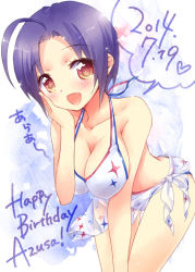 Rule 34 | 1girl, 2014, adapted costume, ahoge, bikini, blush, breasts, brown eyes, dated, ech, hand on own cheek, hand on own face, happy birthday, idolmaster, idolmaster (classic), idolmaster movie, large breasts, leaning forward, miura azusa, open mouth, print bikini, purple hair, sarong, see-through, short hair, solo, swimsuit