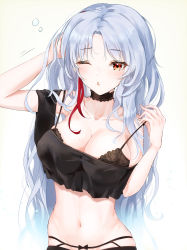 1girl, :o, absurdres, azur lane, bangs, bare shoulders, black bra, black neckwear, black shirt, blush, bra, breasts, choker, cleavage, collarbone, eyebrows visible through hair, futon fly away, hand in hair, highres, large breasts, long hair, looking at viewer, midriff, mole, mole on breast, multicolored hair, navel, off shoulder, one eye closed, open mouth, orange eyes, parted bangs, parted lips, red hair, shirt, silver hair, simple background, solo, strap pull, streaked hair, tallinn (azur lane), tallinn (nostalgic pilsner) (azur lane), underwear, upper body, yellow background