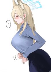 Rule 34 | ..., 1girl, animal ear fluff, animal ears, blonde hair, blue archive, blue shirt, blue skirt, blush, breasts, closed eyes, closed mouth, dressing, extra ears, from side, halo, highres, kanna (blue archive), large breasts, long hair, long sleeves, momokan (kandume200), motion lines, shirt, shirt tucked in, sideways mouth, simple background, skirt, solo, spoken ellipsis, sweatdrop, upper body, white background