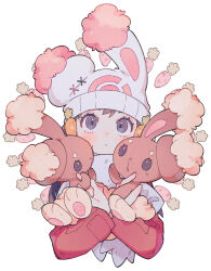 Rule 34 | 1girl, animal ears, beanie, black hair, blush, buneary, carrot, carrot hair ornament, coat, creatures (company), dawn (pokemon), fake animal ears, food-themed hair ornament, game freak, gen 4 pokemon, grey eyes, hair ornament, hairclip, hat, highres, long hair, looking at viewer, nintendo, oharu-chan, poke ball print, pokemon, pokemon dppt, rabbit, rabbit ears, red coat, scarf, simple background, solo, symbol-shaped pupils, upper body, white background, white hat, white scarf