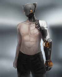 Rule 34 | 1boy, cyberpunk, cyborg, highres, male focus, mechanical arms, mihato senba, original, prosthesis, science fiction, topless male, single mechanical arm, solo