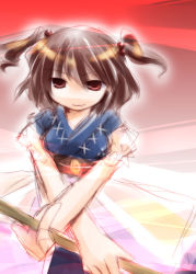 Rule 34 | 1girl, belt, breasts, brown hair, female focus, hair ornament, japanese clothes, kimono, large breasts, line miyako, looking at viewer, onozuka komachi, plait, red background, red eyes, rod, sketch, smile, solo, touhou