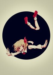 Rule 34 | 1girl, absurdres, black skirt, black vest, blonde hair, collared shirt, darkness, fang, full body, highres, long sleeves, looking at viewer, mary janes, medium hair, open mouth, red eyes, red footwear, rumia, shirt, shoe soles, shoes, simple background, skirt, socks, solo, t-pose, touhou, vest, white shirt, white socks, zero nana