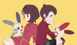 Rule 34 | 1boy, 1girl, black pants, bob cut, brown hair, closed mouth, collared dress, creatures (company), dress, eyelashes, from side, game freak, gen 3 pokemon, gloria (pokemon), green eyes, head rest, highres, jiugong chi, minun, nintendo, pants, plusle, pokemon, pokemon (creature), pokemon swsh, red eyes, red shirt, shirt, short hair, sleeves past elbows, sleeves rolled up, smile, victor (pokemon), yellow background