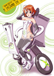 Rule 34 | 1girl, aida kan mori, bare shoulders, breasts, brown hair, choker, detached sleeves, flat chest, game console, headset, leotard, looking at viewer, microsoft, personification, product girl, red eyes, short hair, sitting, small breasts, solo, strapless, strapless leotard, thighhighs, white leotard, xbox 360, xbox 360-tan