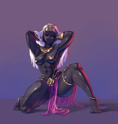 Rule 34 | 1girl, abs, alien, anklet, armpits, arms behind head, barefoot, black skin, breasts, cleavage, colored skin, cutesexyrobutts, dark-skinned female, dark skin, duck dodgers, gradient background, highres, jewelry, kneehighs, loincloth, looking at viewer, medium breasts, metal bikini, no mouth, on one knee, pelvic curtain, pussy, queen, queen tyr&#039;ahnee, see-through, simple background, socks, solo, thick thighs, thigh strap, thighs, tiara, tonedalien, uncensored, white hair
