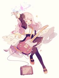 Rule 34 | 1girl, amplifier, angel wings, arm up, black skirt, black thighhighs, blue archive, blush, electric guitar, feathered wings, full body, guitar, hair bun, halo, highres, holding, holding instrument, instrument, juliet sleeves, kasuga haruhi, long hair, long sleeves, looking at viewer, mika (blue archive), one eye closed, open mouth, orange footwear, pink hair, pink halo, pleated skirt, puffy sleeves, shoes, signature, simple background, single hair bun, skirt, smile, solo, thighhighs, v, white background, white wings, wings, yellow eyes