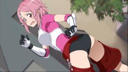 Rule 34 | 1girl, armor, ass, black panties, breastplate, breasts, dutch angle, elbow gloves, embarrassed, eyebrows, female focus, freckles, game cg, gloves, gluteal fold, hair ornament, hairclip, highres, indoors, leaning forward, lisbeth (sao), looking back, official art, open mouth, panties, pink hair, pink shirt, red eyes, shirt, short hair, short sleeves, solo, standing, sweatdrop, sword art online, sword art online: fatal bullet, underwear