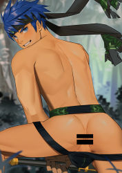Rule 34 | 1boy, alternate skin color, anus, ass, bar censor, black male underwear, blue eyes, blue hair, censored, dark-skinned male, dark skin, feet out of frame, fire emblem, from behind, headband, highres, holding, holding sword, holding weapon, ike (fire emblem), jockstrap, looking at viewer, male focus, male underwear, male underwear pull, nintendo, paid reward available, presenting, pulled by self, paid reward available, seductive smile, short hair, sideburns, smile, solo, spread legs, sword, toned, toned male, underwear, underwear only, weapon, yaowu