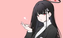 Rule 34 | 1girl, black coat, black hair, black halo, blowing kiss, blue archive, blush, bright pupils, coat, commentary, cropped arm, earrings, fingernails, hair ornament, hairpin, halo, highres, jewelry, lapels, long hair, long sleeves, looking at viewer, nail polish, pink background, pink lips, pink nails, puckered lips, red eyes, reia 76, ribbed sweater, rio (blue archive), simple background, solo, stud earrings, sweater, turtleneck, turtleneck sweater, upper body, white pupils, white sweater