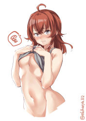 Rule 34 | 1girl, ahoge, alternate costume, arashi (kancolle), bare arms, bare shoulders, blush, bottomless, breasts, brown eyes, brown hair, cropped torso, ebifurya, groin, hair between eyes, highres, kantai collection, lifted by self, long hair, medium breasts, messy hair, red hair, simple background, solo, spoken squiggle, squiggle, tank top, twitter username, underboob, upper body, wavy mouth, white background, yellow eyes