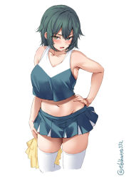 Rule 34 | 1girl, alternate costume, blue skirt, blush, cheerleader, collarbone, cowboy shot, cropped legs, ebifurya, green eyes, green hair, groin, hair between eyes, heterochromia, highres, holding, holding pom poms, kantai collection, kiso (kancolle), looking at viewer, navel, one-hour drawing challenge, open mouth, pom pom (cheerleading), pom poms, short hair, simple background, skirt, solo, thighhighs, twitter username, white background, white thighhighs, yellow eyes