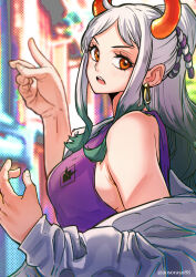 Rule 34 | 1girl, alternate costume, aosora2823, blurry, blush, breasts, commentary, depth of field, earrings, expressionless, eyelashes, from side, green hair, highres, hoop earrings, horns, jacket, jewelry, large breasts, long hair, looking at viewer, multicolored hair, off shoulder, one piece, open clothes, open jacket, open mouth, orange eyes, parted bangs, pointing, ponytail, purple shirt, shirt, sidelocks, sleeveless, sleeveless shirt, solo, twitter username, two-tone hair, upper body, white hair, white jacket, yamato (one piece)
