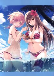 Rule 34 | 3girls, absurdres, anima, ass, bare shoulders, bikini, bird, blue sky, blush, bow, bow swimsuit, bracelet, breasts, cherry, cleavage, cloud, cloudy sky, collarbone, day, dress swimsuit, eyes visible through hair, fate/grand order, fate (series), feeding, flower, food, fruit, fujimaru ritsuka (female), hair flower, hair ornament, hair over one eye, hibiscus, highres, holding, ice cream, jewelry, large breasts, lens flare, long hair, mash kyrielight, mash kyrielight (swimsuit of perpetual summer), mini person, minigirl, multiple girls, navel, ocean, official alternate costume, one-piece swimsuit, orange hair, palm leaf, palm tree, partially submerged, partially underwater shot, purple bow, purple eyes, purple hair, riyo (lyomsnpmp) (style), scan, scathach (fate), scathach (fate/grand order), scathach (swimsuit assassin) (fate), seagull, short hair, side ponytail, sky, sousouman, spoon, stomach, swimsuit, thigh strap, thighs, tree, underwater, wading, water drop, white one-piece swimsuit