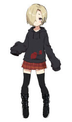 Rule 34 | 1girl, absurdres, black footwear, black hoodie, black thighhighs, blonde hair, blush, boots, brown eyes, closed mouth, dot nose, ear piercing, flat chest, full body, gazacy (dai), hair over one eye, hand up, highres, hood, hood down, hoodie, idolmaster, idolmaster cinderella girls, idolmaster cinderella girls starlight stage, jewelry, knee boots, looking at viewer, miniskirt, piercing, plaid, plaid skirt, pleated skirt, red skirt, shirasaka koume, short hair, skirt, sleeves past fingers, sleeves past wrists, solo, standing, thighhighs, zettai ryouiki