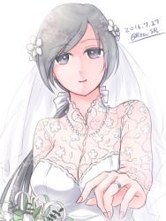 Rule 34 | 10s, 1girl, black eyes, black hair, bouquet, bow, breasts, bridal veil, chitose (kancolle), cleavage, dated, dress, fingernails, flower, grey hair, hair bow, jewelry, kantai collection, large breasts, long hair, looking at viewer, necklace, nekoyanagi reo, offering hand, pearl necklace, ponytail, ring, simple background, smile, solo, twitter username, upper body, veil, wedding dress, wedding ring, white background, white bow
