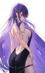 Rule 34 | 1girl, absurdres, ass, back, back tattoo, backless dress, backless outfit, bare arms, bare back, black dress, blush, bracelet, breasts, close-up, commentary request, cowboy shot, dress, earrings, flower, from behind, genshin impact, hair down, hair flower, hair ornament, highres, ijac ray, jewelry, large breasts, long dress, long hair, looking at viewer, low-tied long hair, mitsudomoe (shape), mole, mole under eye, purple eyes, purple flower, purple hair, raiden shogun, sideboob, simple background, sleeveless, sleeveless dress, solo, standing, tattoo, tomoe (symbol), very long hair, white background