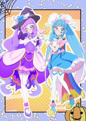 Rule 34 | 2girls, ;), absurdres, adapted costume, ahoge, akizora (aki precure), ankle boots, aqua eyes, black border, black headwear, blue cape, blue dress, blue footwear, boots, border, bow, bowtie, brooch, cape, closed mouth, commentary, cure majesty, cure sky, cut bangs, dress, earrings, elbow gloves, ellee-chan, facial mark, fingerless gloves, frilled dress, frills, fringe trim, ghost hair ornament, gloves, gradient hair, grin, hair ornament, half-dress, halloween, halloween costume, hand on own hip, hat, heart, heart hair ornament, highres, hirogaru sky! precure, jack-o&#039;-lantern, jewelry, leg up, long hair, looking at viewer, magical girl, medium dress, miniskirt, multicolored hair, multiple girls, one eye closed, outside border, pink bow, pink bowtie, pink hair, precure, purple dress, purple footwear, purple hair, purple skirt, red cape, shoes, short dress, silk, single earring, skirt, sleeveless, sleeveless dress, smile, sora harewataru, spider web, standing, standing on one leg, star (symbol), streaked hair, thighhighs, twintails, two-sided cape, two-sided fabric, very long hair, white gloves, white thighhighs, wing brooch, witch hat
