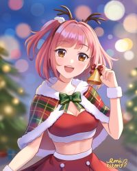 Rule 34 | 1girl, bell, blush, breasts, brown eyes, christmas, cleavage, fake antlers, highres, lilia creative, looking at viewer, medium breasts, medium hair, midriff, navel, night, open mouth, original, pink hair, signature, smile, solo, standing
